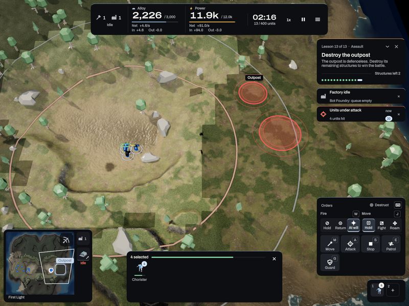 A squad closing on two marked Rift structures. Event rail cards read Factory idle and Units under attack.