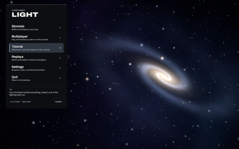 The main menu panel in front of a spiral galaxy, listing Skirmish, Multiplayer, Tutorial, Replays, Settings and Quit.